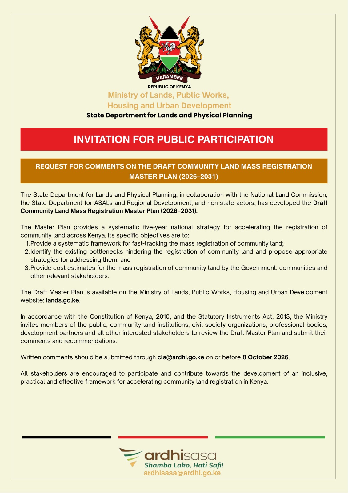 Invitation for Public Participation on the Community Land Mass Registration Masterplan (2026 - 2031)