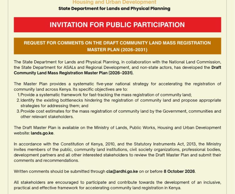 Invitation for Public Participation on the Community Land Mass Registration Masterplan (2026 - 2031)